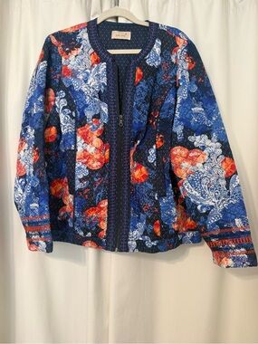Per Una Blue Red Floral Quilted Jacket with Full Zip Size 18